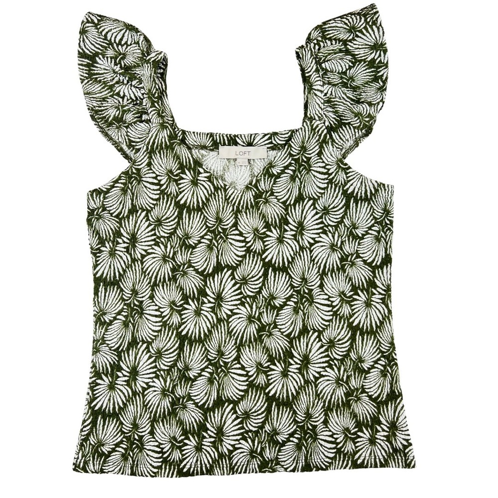 LOFT Flutter Sleeve Top XS Green White‎ Floral Textured Stretch Knit NWT
